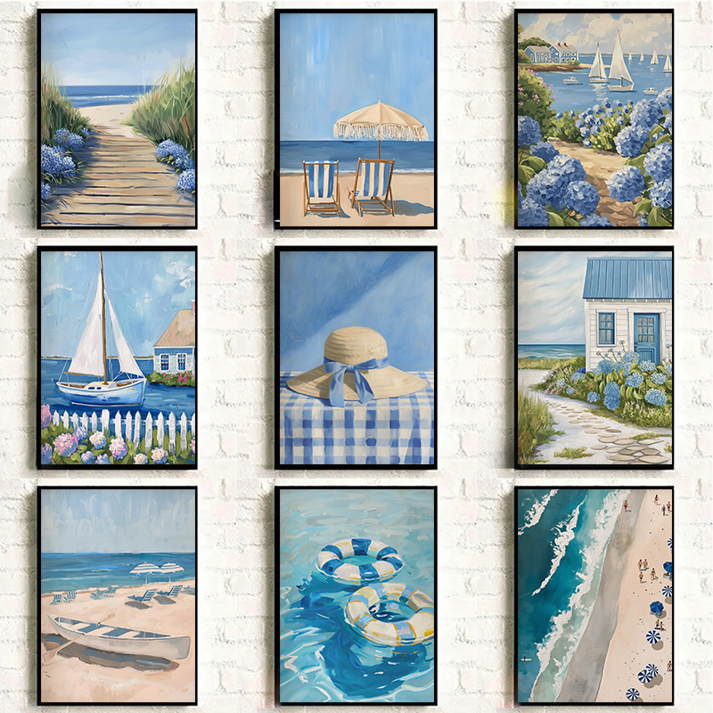 Photography Nature - Blue Coastal Beach Sailboat Hydrangea Posters